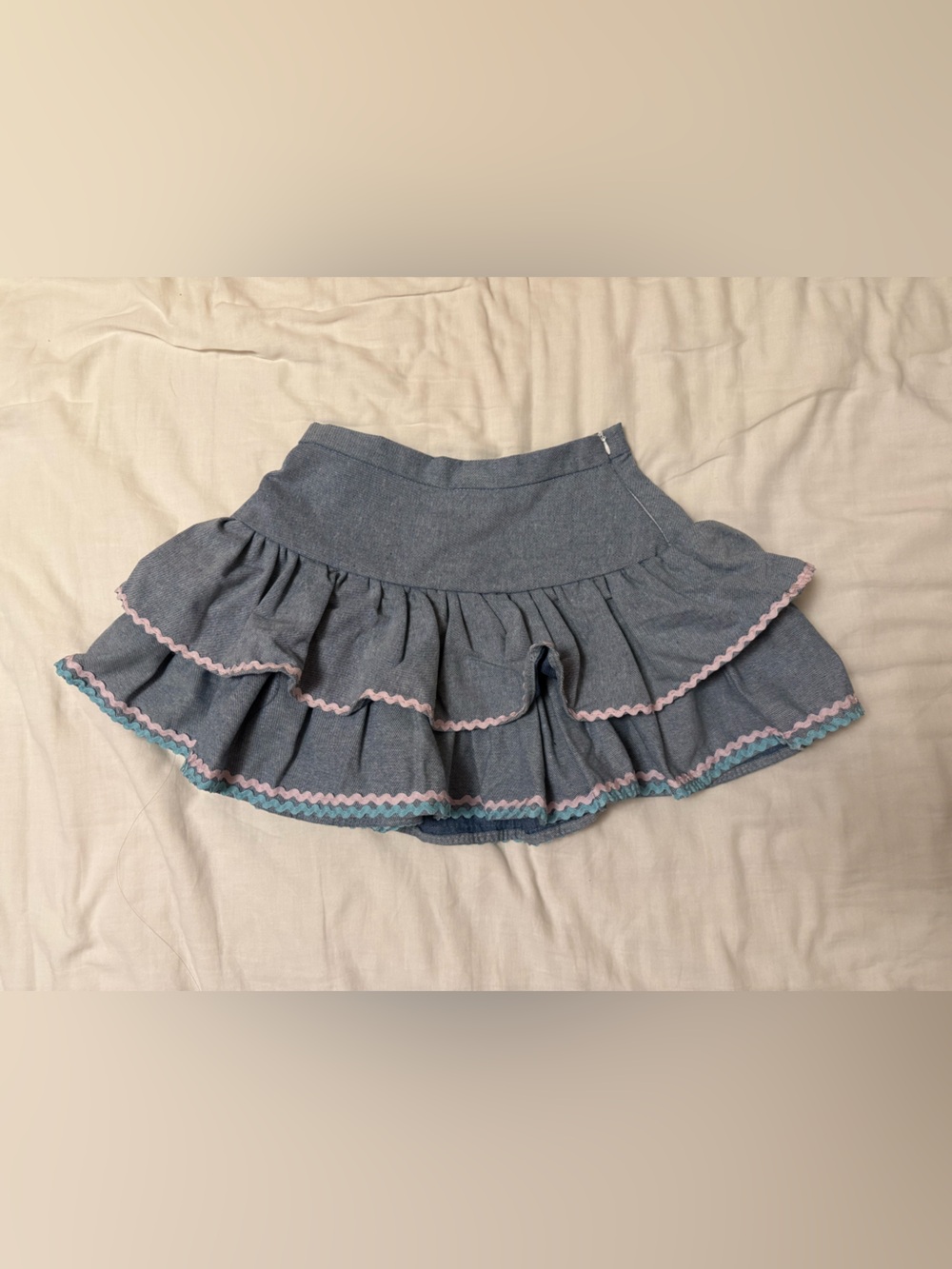 Jfashion Jean Ruffle Tier Layer Skirt with Pink and Blue Trim Kawaii
